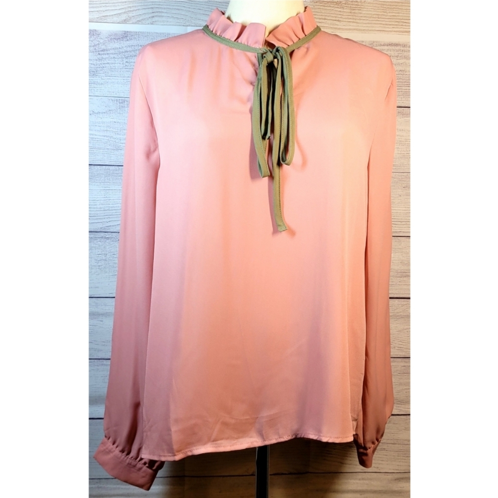 Impulsive Dusty Pink Tie Back Ruffle Neck Long Sleeve Blouse Size M Careerwear